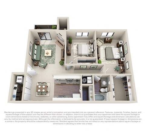 Floor plan for 2 beds, 1 bath, 862 sqft